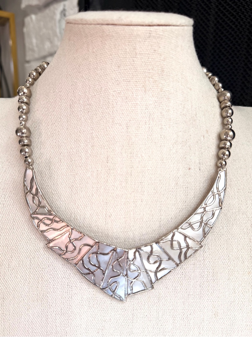 Karla Jordan Signed Mother of Pearl Silver Tone Collar Bib Necklace